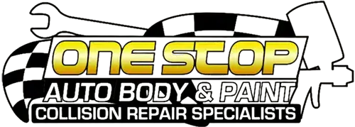 One Stop Collision Repair logo featuring bold yellow text with "ONE STOP" and the tagline "AUTO BODY & PAINT COLLISION REPAIR SPECIALISTS," emphasizing expertise in Infiniti vehicle repairs in Phoenix, Arizona.