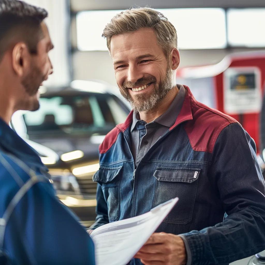 Satisfied customer receiving their vehicle from a service advisor, emphasizing warranty and customer satisfaction in auto repairs